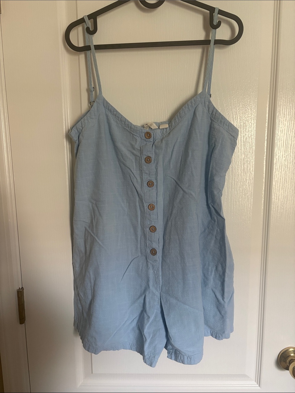 Roxy Light Blue Button-Front Women’s Cotton Blend Shorts Romper